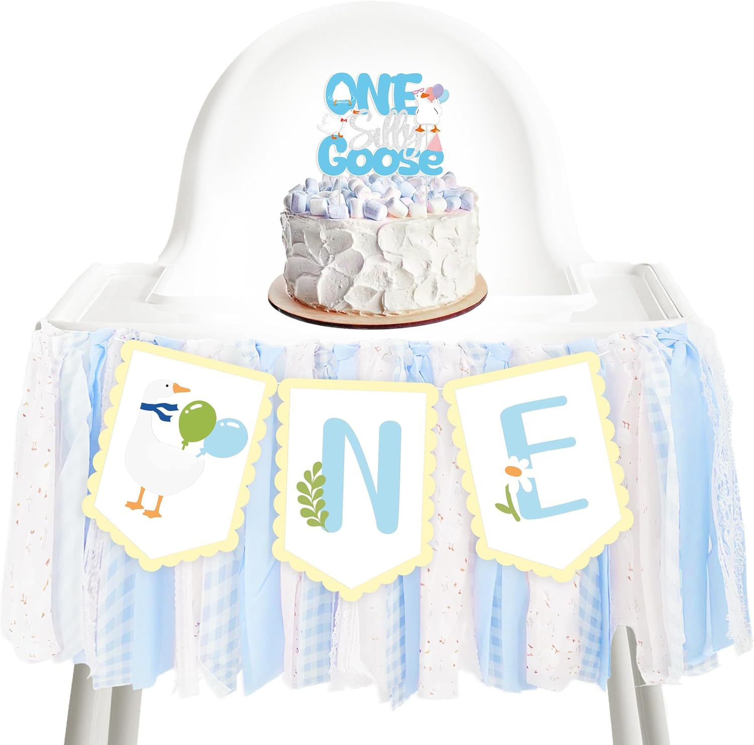 One Silly Cute Goose Birthday Decor for Boy, Cake Topper and One High Chair Banner Set in Blue for 1st Birthday, Cute Farm Animal Party Supplies for Baby Boy