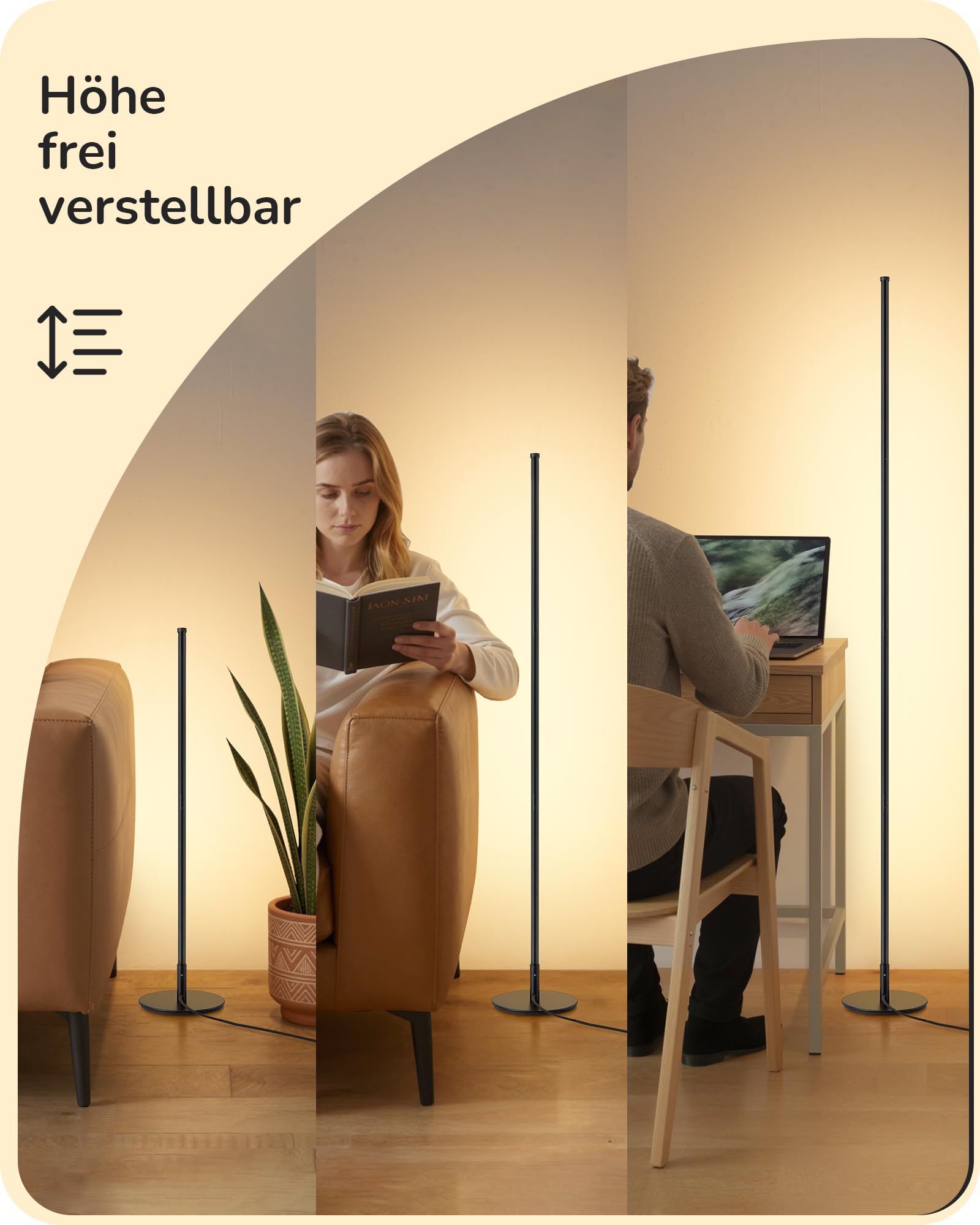 EDISHINE Stehlampe Wohnzimmer, LED Stehleuchte mit 3 Farbtemperaturen & stufenlos dimmbar, höhenverstellbar 152 cm, moderne Ecklampe für Schlafzimmer, Büro, Schwarz