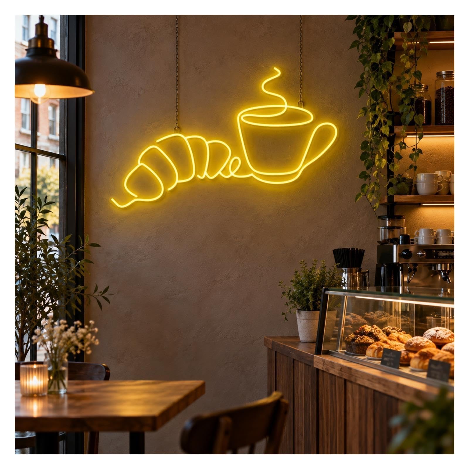 Insegna al Neon Insegna Al Neon Di Croissant Della Tazza Caffè