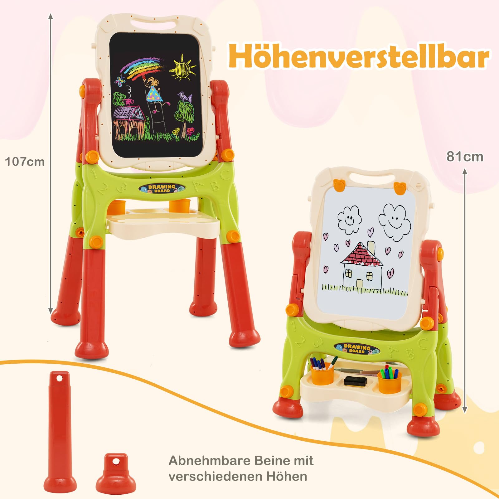 COSTWAY Tafel Kinder, doppelseitige Kindertafel höhenverstellbar mit Whiteboard & Kreidetafel, Standtafel Kinder, Spieltafel Magnettafel ab 2 Jahren (Grün+Orange)