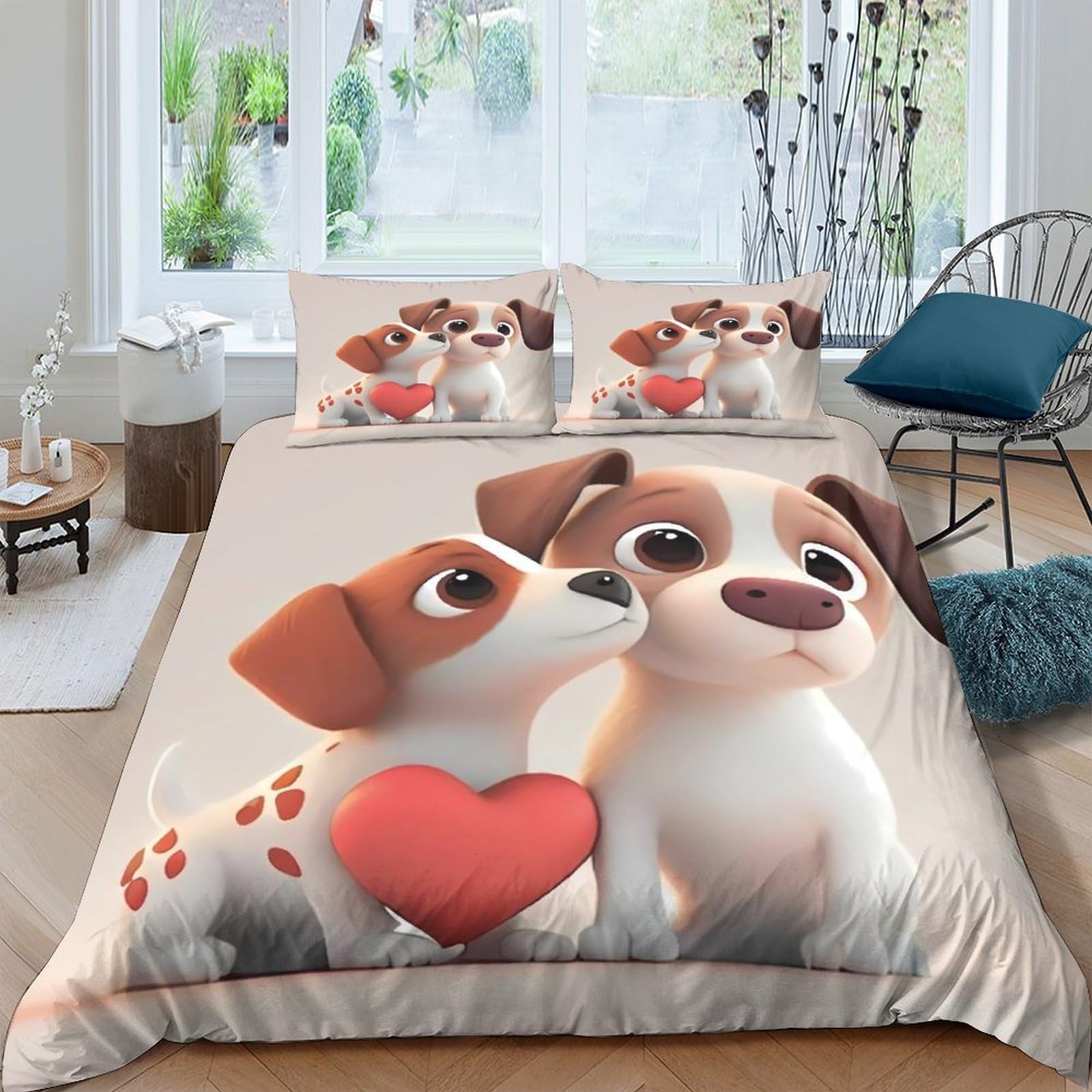 Niedliche Cartoon 3D Druck Hund Duvet Cover Mikrofaser Schlafzimmer Dekor Welpen Pärchen Bettwäsche Set Hautfreundlich Atmungsaktiv für Erwachsene Jugendliche Super King（260x220cm）