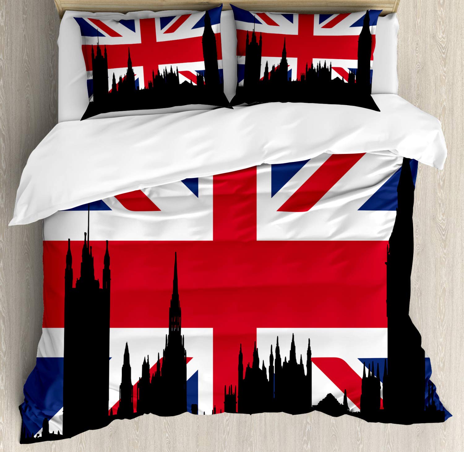 Ambesonne Union Jack Duvet Cover Set, Houses of The Parliament Silhouette on UK Flag Historic Urban Skyline, Decorative 3 Piece Bedding Set with 2 Pillow Shams, Queen Size, Blue Black