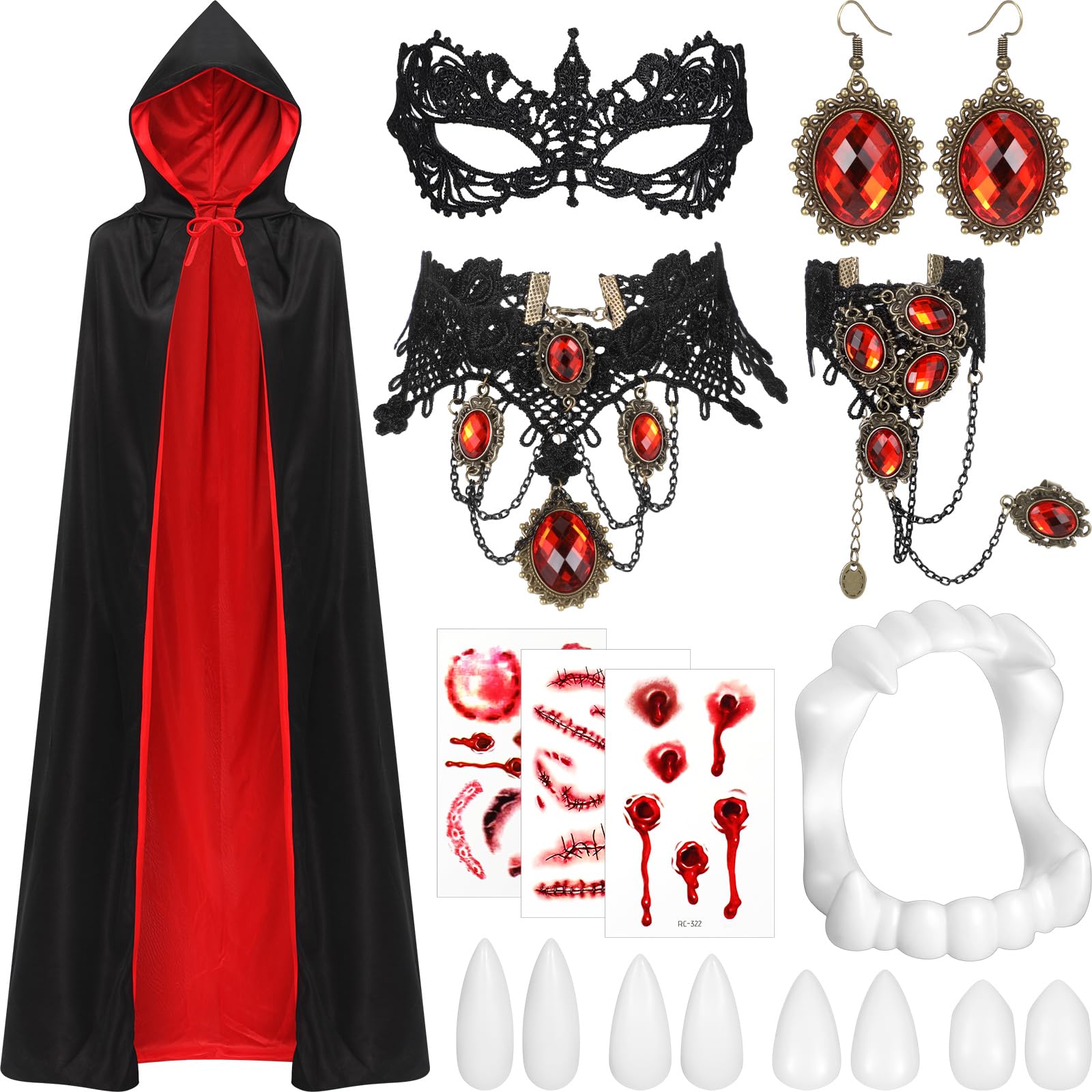 Ramede14 Pcs Halloween Vampire Costume Set Hooded Cape Mask Earrings Choker Bracelets Tattoo Scar Fangs for Zombie