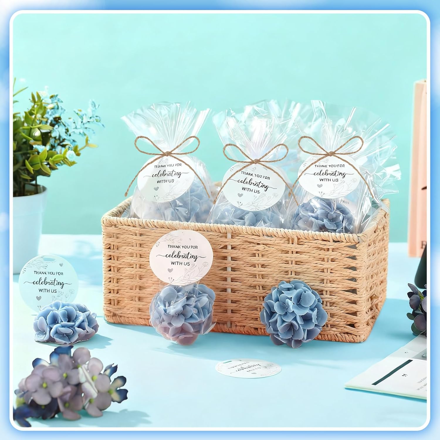 Demissle 40 Pcs Hydrangea Baby Shower Favors Flower Scented Soaps Party Favors Gifts for Guests with Thank You Card for Baby Bridal Shower Wedding Party (Blue)