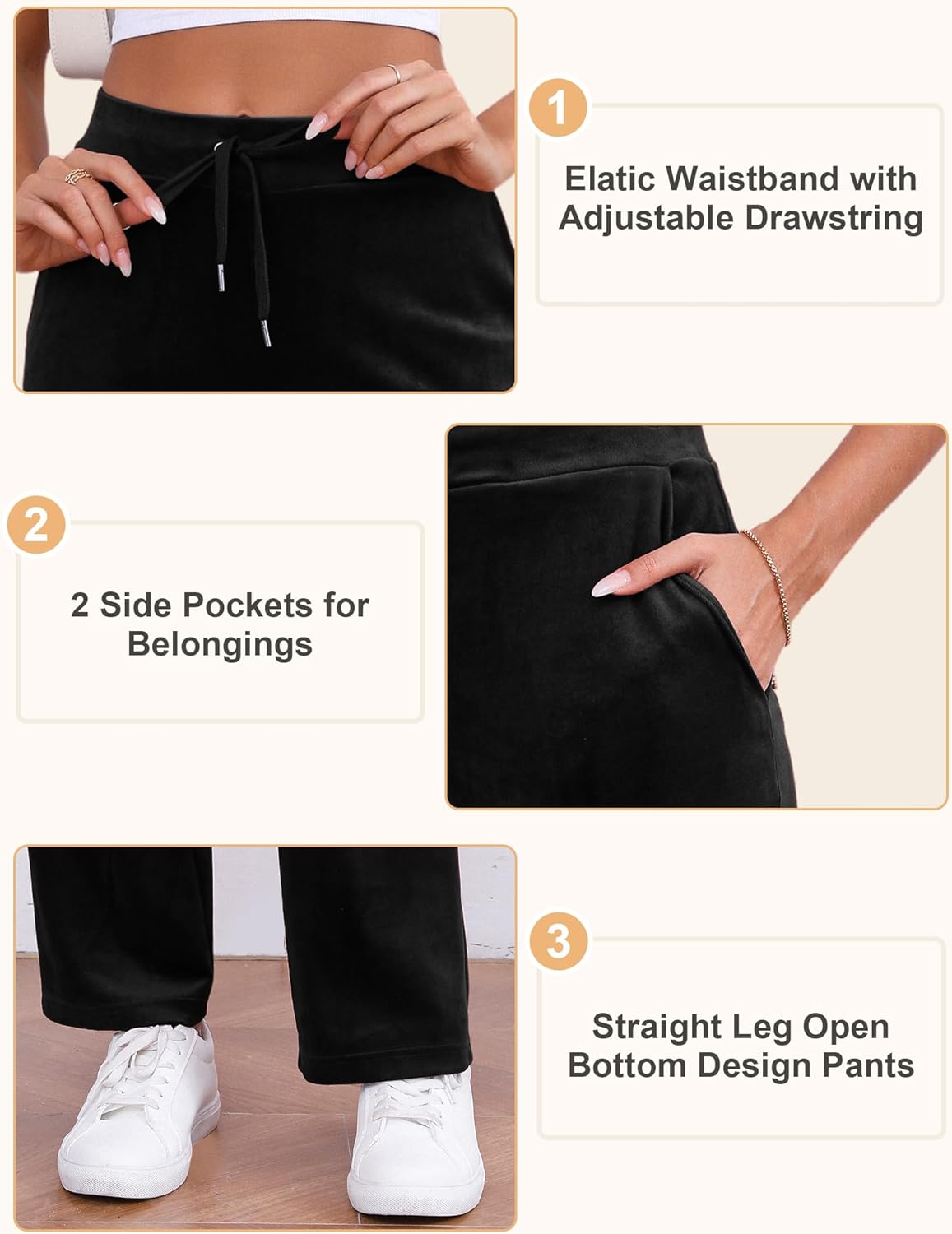 Velour Pants for Women, Straight Leg Womens Velour Sweatpants, Velvet Wide Leg Lounge Pants for Women with Pockets - Image 5