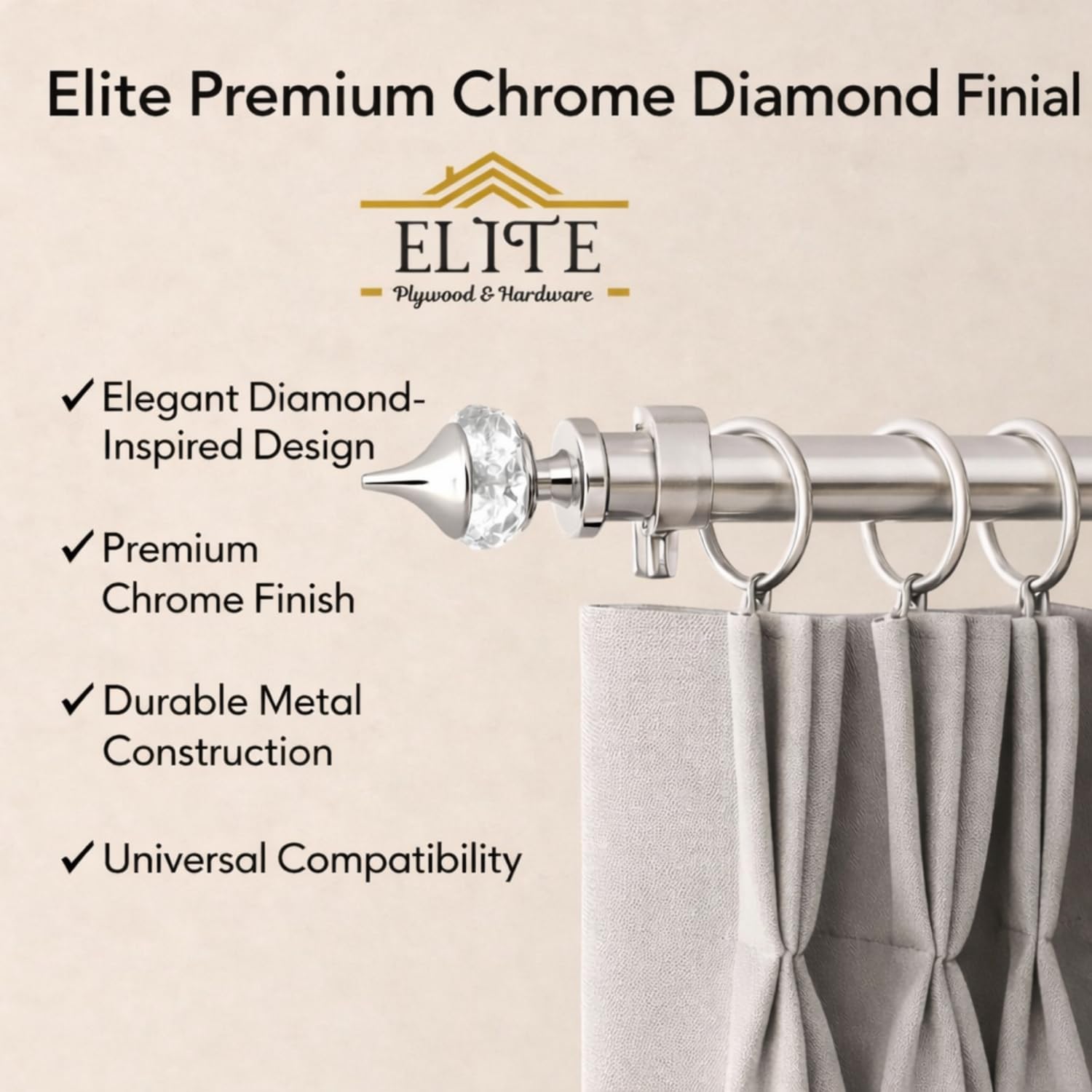 Elite Premium Chrome Silver Diamond 1 Inch Curtain Rod End Cap – Elegant Decorative Rod Finial for Window Drapes, Smooth Finish, Durable & Stylish, Perfect for Home & Office Décor 4pcs (Chrome Silver) 1