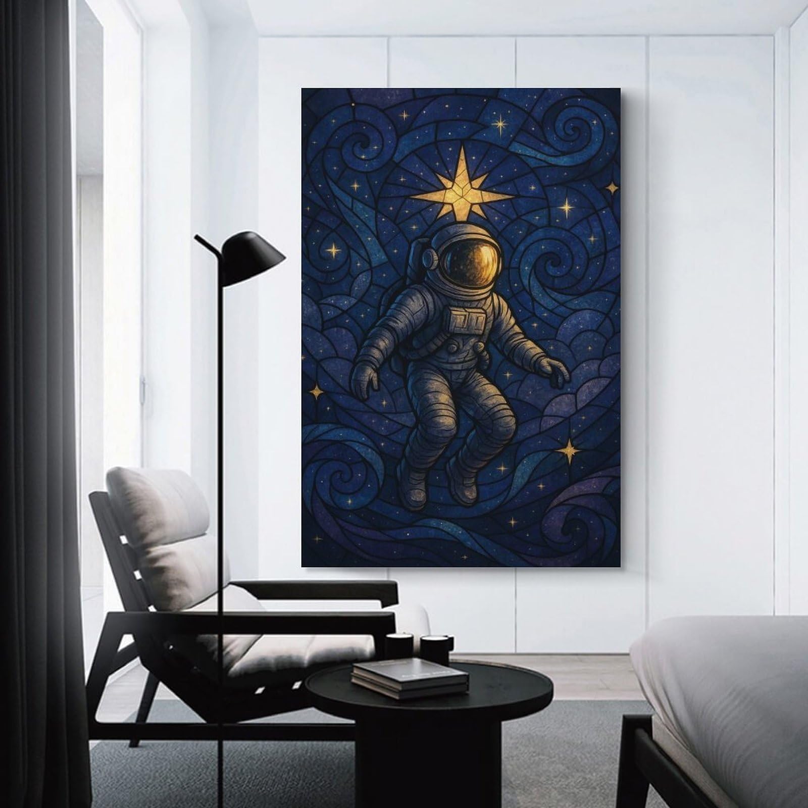 Junmoney Unframe-Style-15 Astronaut In Space Stained Glass Style Wall Decor Canvas Print, 24X36inch(60X90cm), For Lounge, Bedroom Or Personal Spaces, Thoughtful Wall Decor For Art Lovers