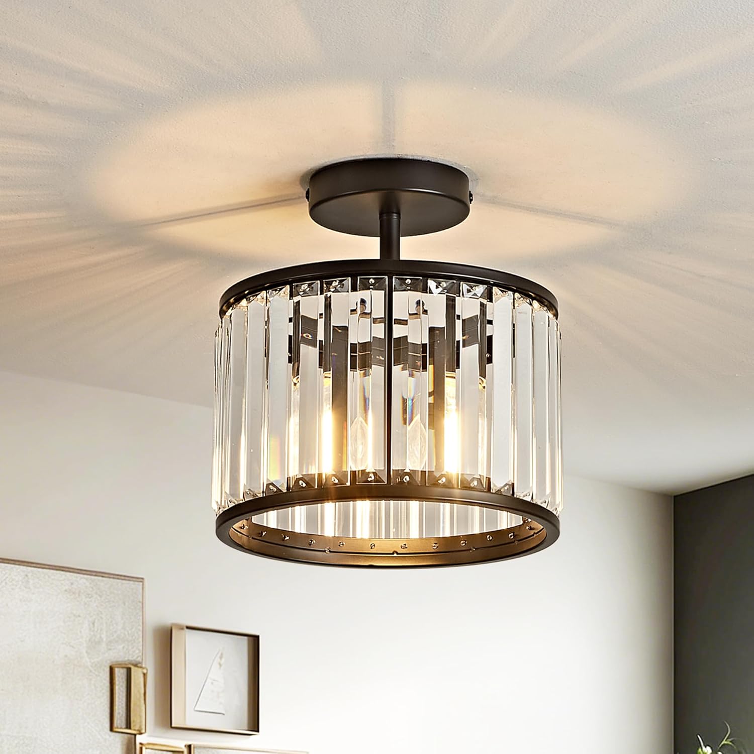 OKELI 9.8" Small Crystal Chandelier Semi Flush Mount Ceiling Light, Modern Black Round Crystal Chandeliers Ceiling Lights Fixture for Hallway Bedroom Living Room E26