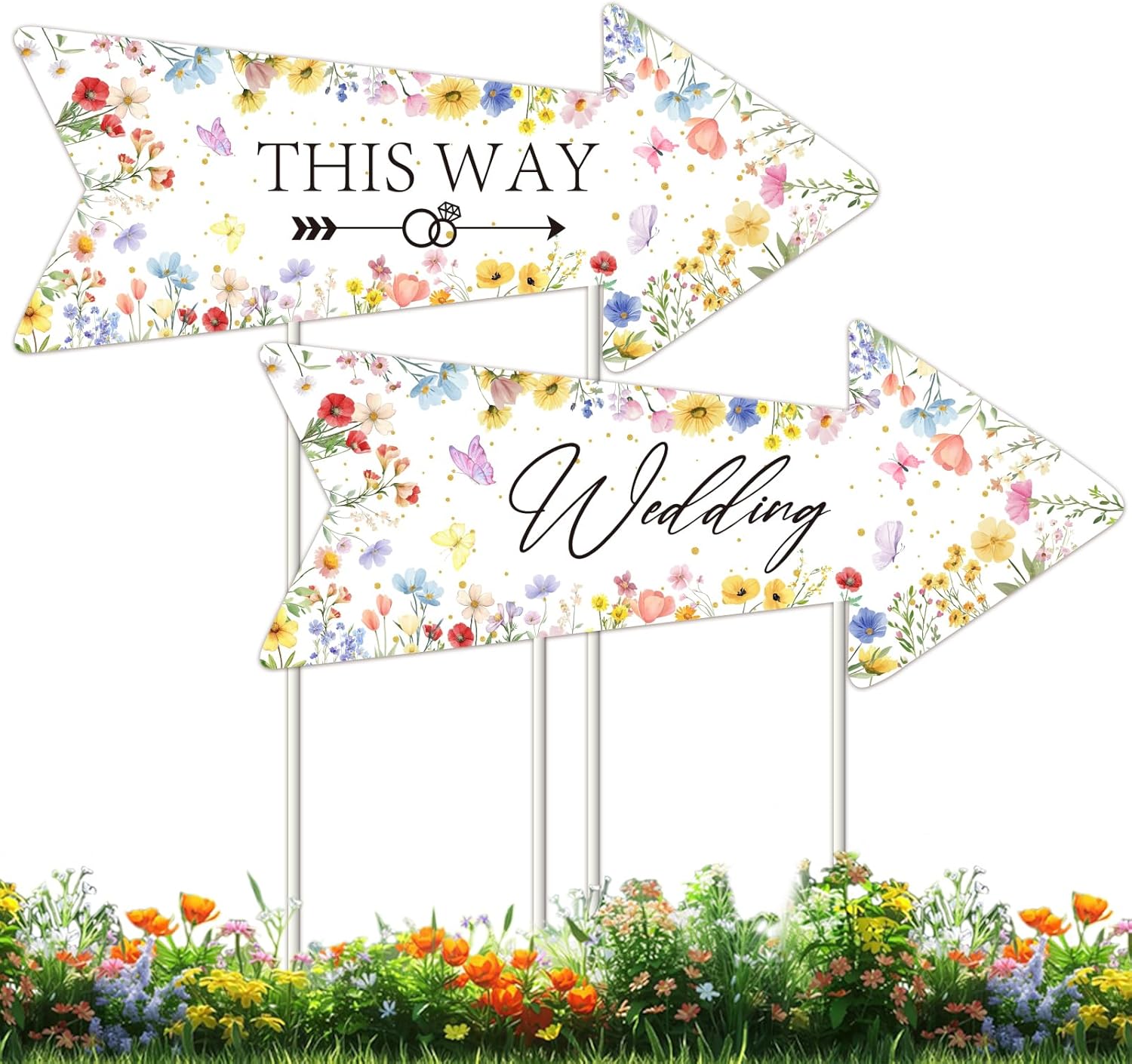 Funmemoir Wedding Directional Road Signs 6PCS Double-Sided Waterproof Wedding Welcome Sign with Stakes Wildflower Wedding This Way Arrow Signs for Lawn Yard Outdoor Ceremony Reception