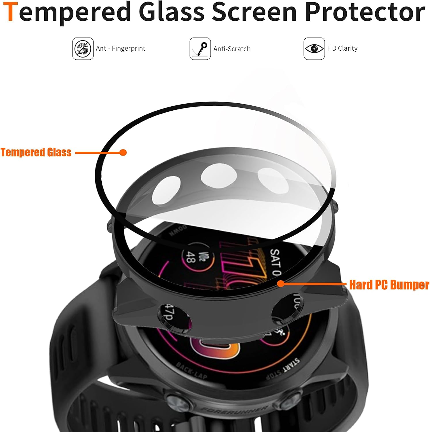Compatible for Garmin Forerunner 970 Case with Dust Plug, Lamshaw Hard PC Case with Tempered Glass Screen Protector with Silicone Dust Plug Compatible with Garmin Forerunner 970 (2 Pack-Black+Black)