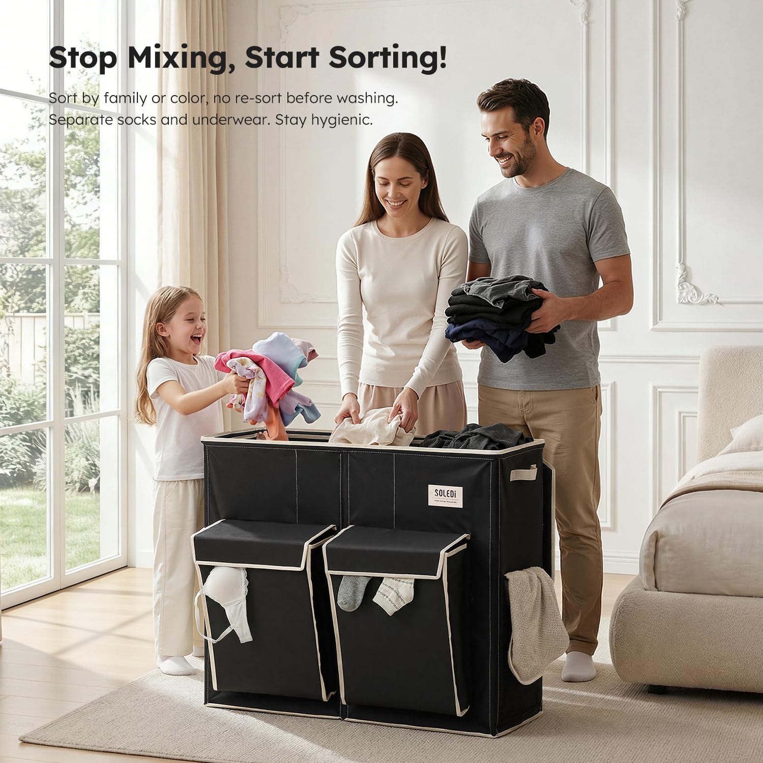 SOLEDI 220L Laundry Hamper 3 Section,Extra Large Laundry Basket with Lid and 2 Side Pockets, Dirty Clothes Hamper with Removable Bag Easy to Carry for Laundry Room, Bedroom, Bathroom, Black
