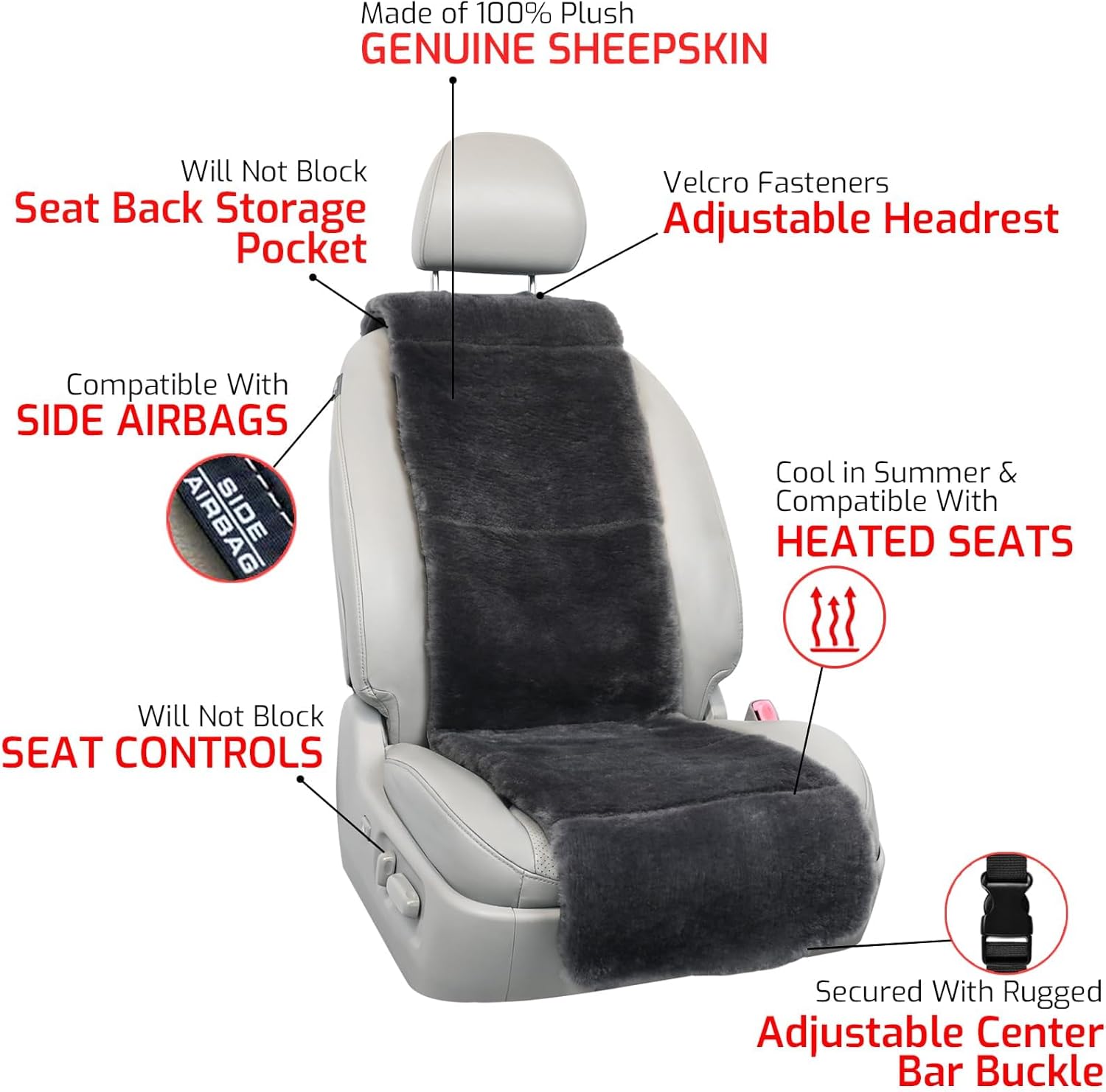 Aegis Cover Sheepskin Seat Covers, Merino Wool Front Car Seat Vest Cover with Nonslip Backing, Super Soft Dense Pelt Fuzzy Interior,Universal Fit for Most Cars, SUVs, Trucks, Sedans 2Pack (Charcoal)