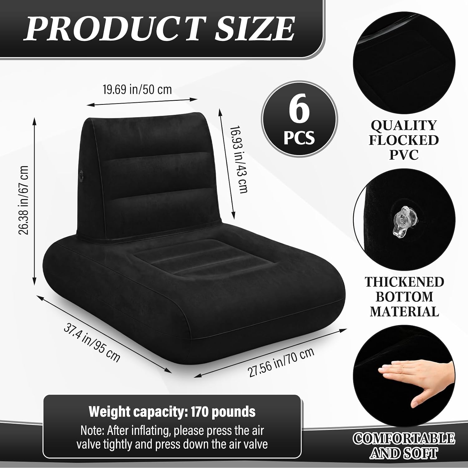 6 Pack Inflatable Chairs Blow up Couch with Air Pump, Black