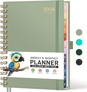 RETTACY 2026 Planner, Weekly and Monthly, Medium Size (5.7" x 8.3"), 2026 Calendar, Jan 2026 - Dec 2026, 12-Month Tabs, Flexible Plastic Cover, 100 GSM Thick Paper, Spiral-bound (Light Green)