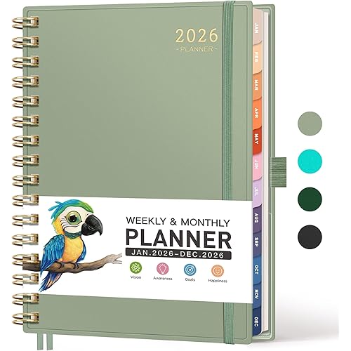 RETTACY 2026 Planner, Weekly and Monthly, Medium Size (5.7" x 8.3"), Jan - Dec 2026, Agenda, Calendar, 12 Month Tabs, Flexible Plastic Cover, 100 GSM Thick Paper, Spiral-bound (Light Green)