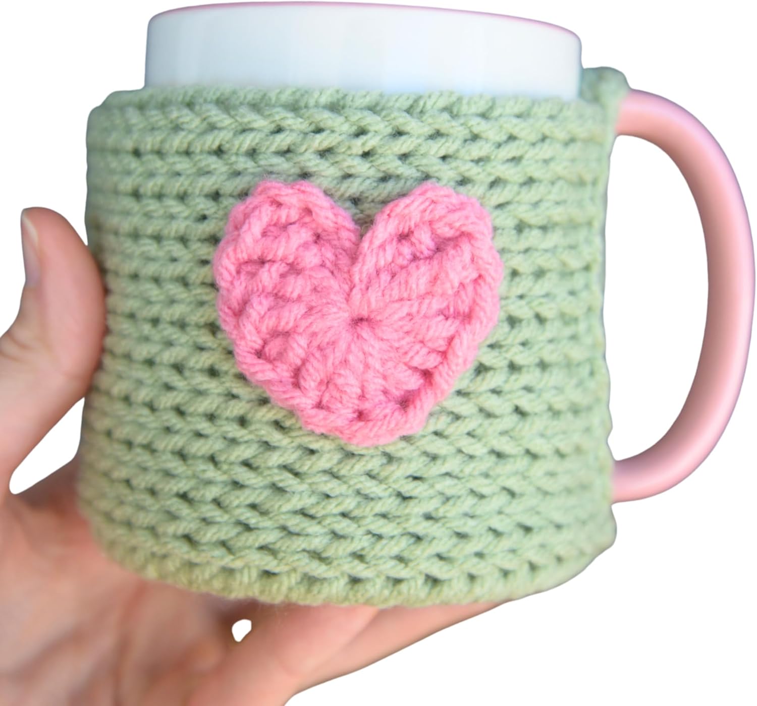 Crochet Coffee Mug Cozy & Coaster Set - Reusable Knitted Cup Sleeve Sweater for 11 Oz Mugs - Cute Tea Cup Cover Wrap, Hot Drinks Gift for Wife or Mom (Sage)