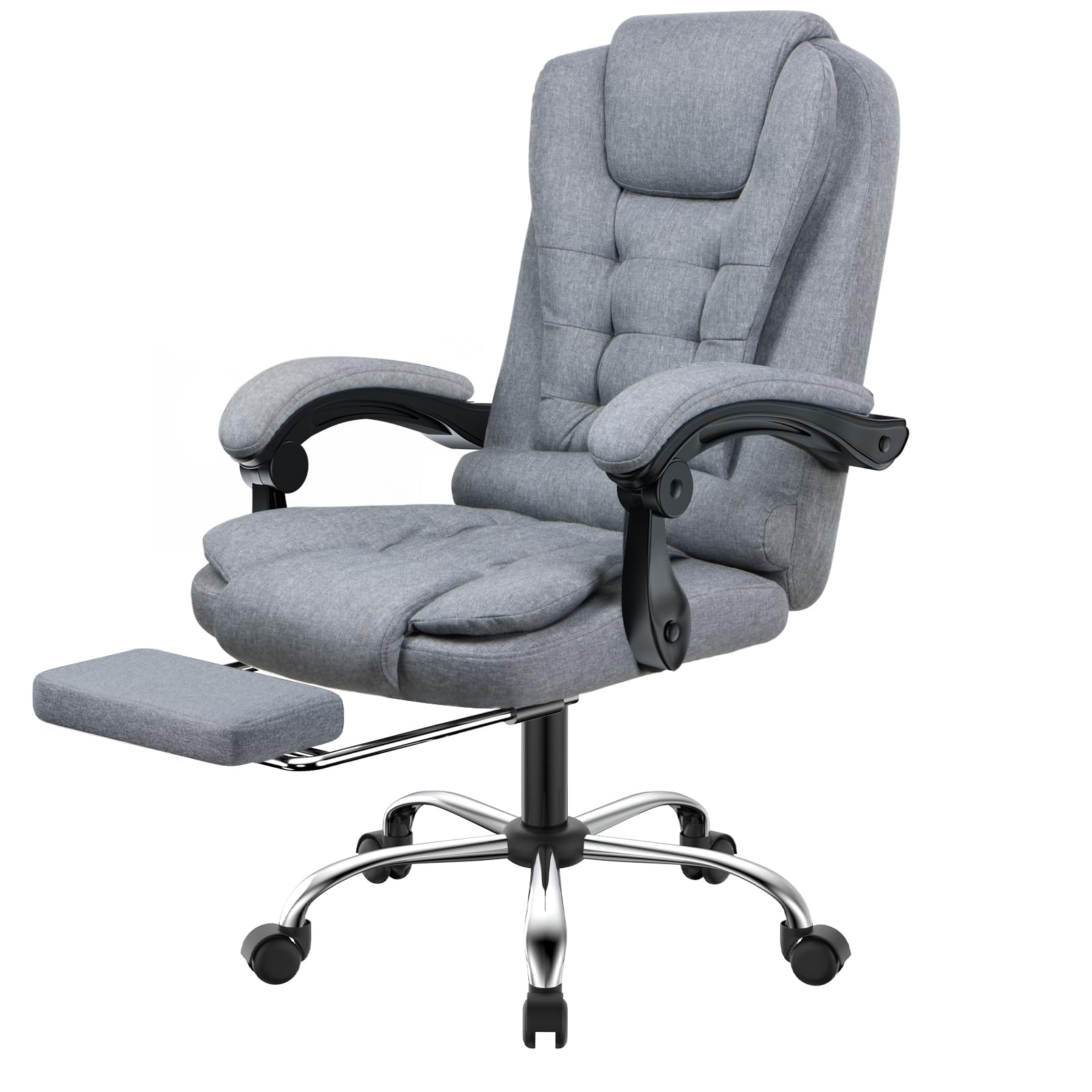 Sedia da Ufficio Ergonomica con Poggiapiedi Telescopico, Sedia Ufficio con Schienale Alto, Poltrona Ufficio con Ampia Seduta Imbottita, Altezza Regolabile per Ufficio Maision, cotone e lino, Gris