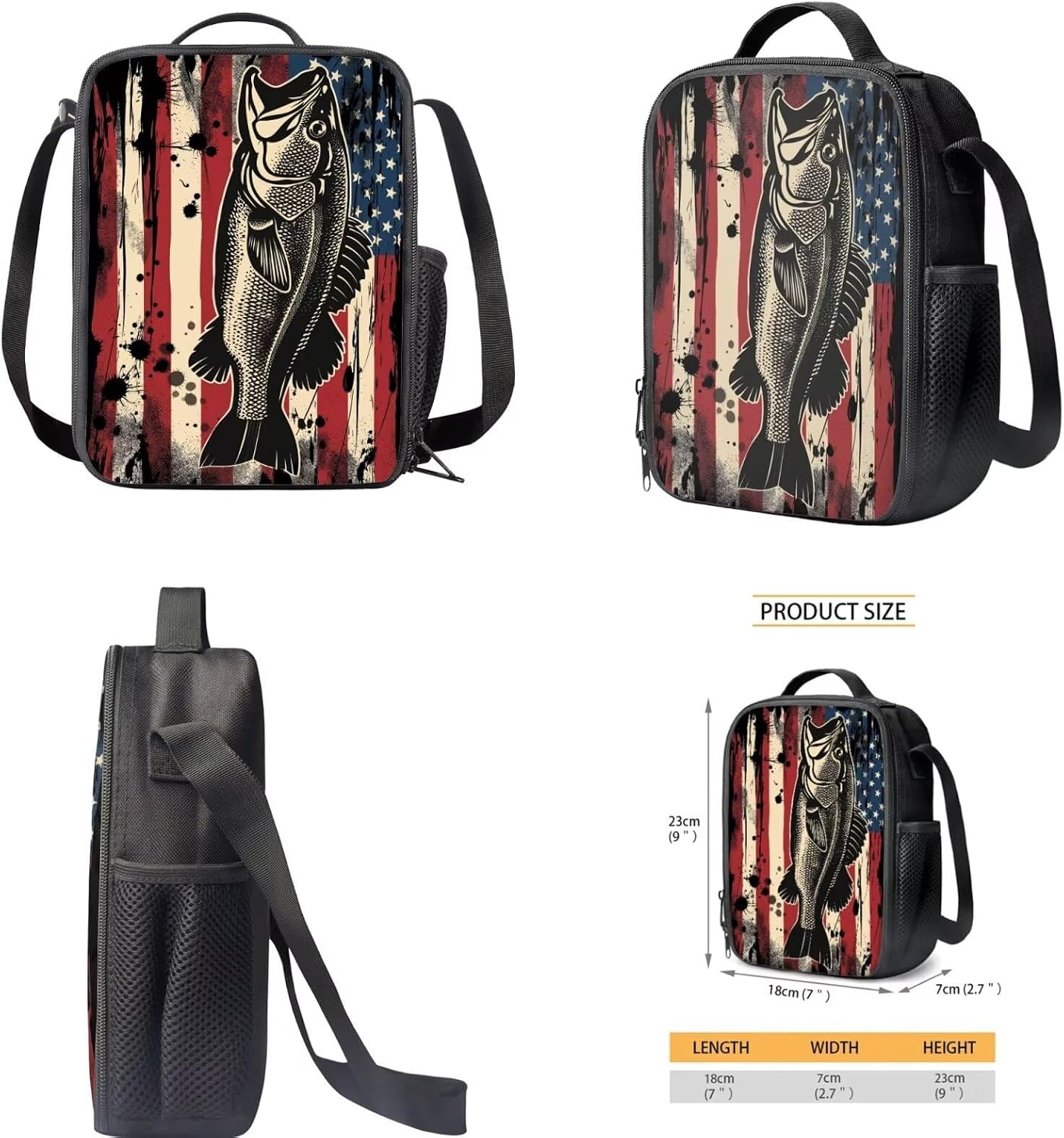 3 Pcs School Backpack for Girls Boys American Flag with Fish Backpack Bookbags Set with Lunch Tote Bag Pencil Case Kids School Bags Rucksack Daypack 3 In 1