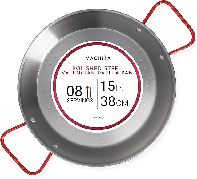 Machika Skillet Pan | Carbon Steel Paella Pan | Carbon Steel Pans for Cooking | Thin Carbon Steel Pan for Paella | Perfect for Outdoors, Camping, Parties, and More | 8 Servings |15 In |