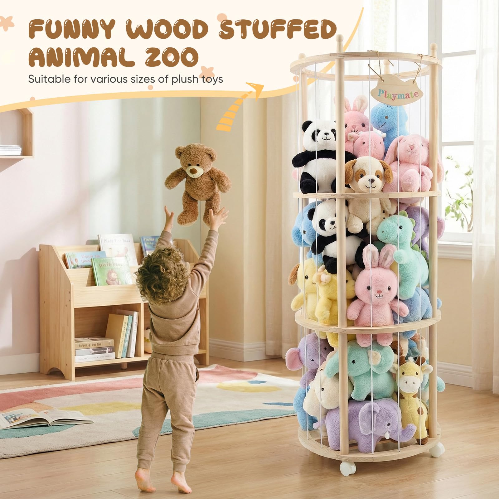 Range Peluche en Bois avec Roues Frein 360° et Élastiques, Organisateur Gain de Place, Rangement Peluche Chambre Enfant pour Chambre d'enfant et Salle de Jeux
