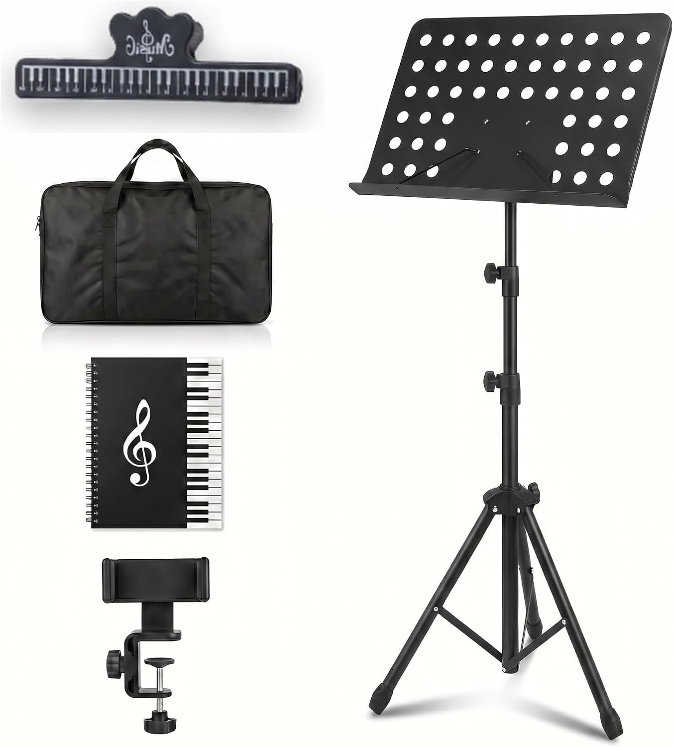 Adjustable Music Stand with Carrying Bag - Perfect Sheet Music Stand for Guitar, Ukulele & Violin Players | Professional Music Book Holder & Clip Holder! (black, 42x28x65-150)