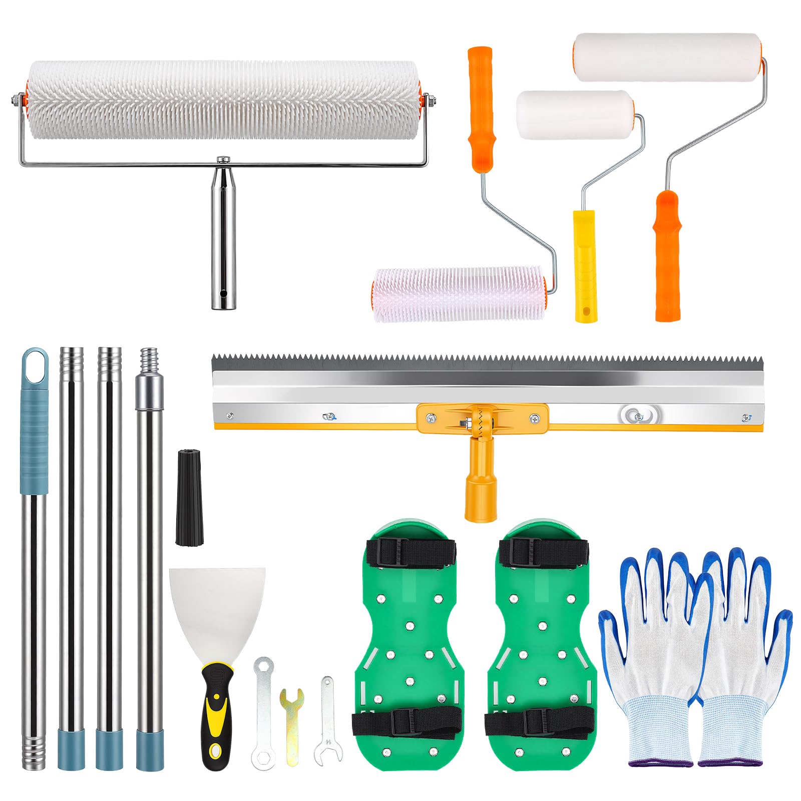 kit de Herramientas de Autonivelación de Cemento, Rodillo de Púas Autonivelante 52cm+24cm, Zapatos con Pinchos Para Cesped 30 mm, Rascador de Acero Inoxidable, Palo Telescopico Limpieza 157cm