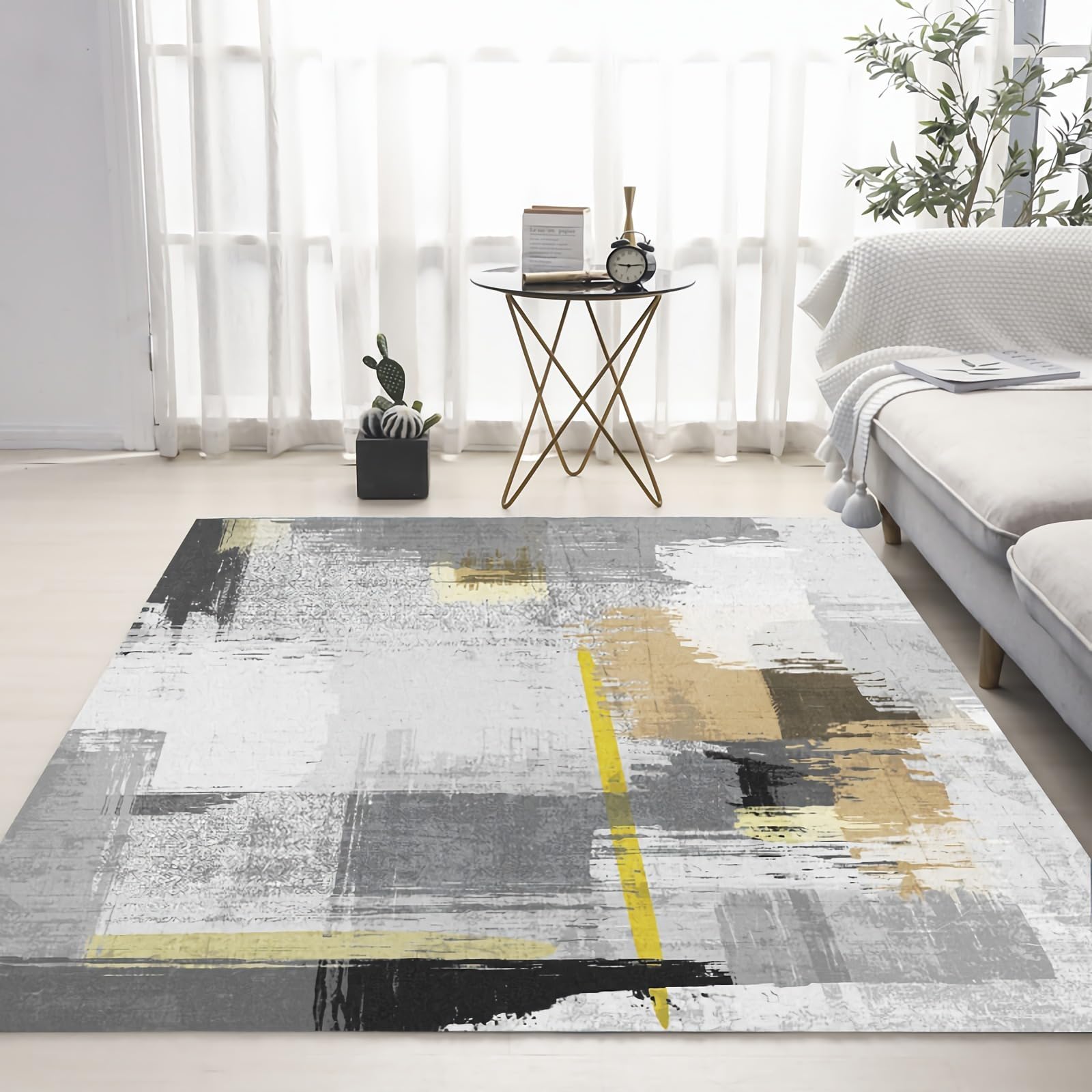 Tapis de jeu enfant jaune gris noir moderne 180x250cm style graffiti peinture à l'huile