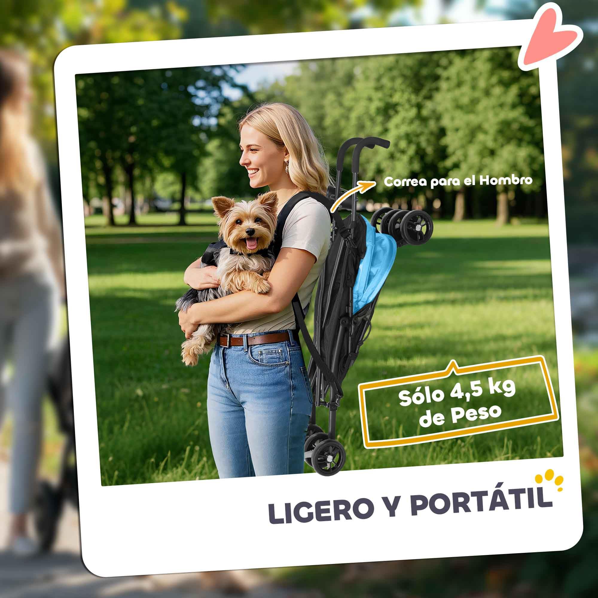 PawHut Cochecito para Perros Pequeños con Estructura de Paraguas Carrito para Perros Plegable con Cojín Lavable Portavaso Ventanas de Malla y Bolsa de Almacenamiento 76x44x103 cm Azul