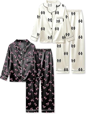 Satin Pajamas for Girls, 4-Piece Long Sleeve Silky Button Down PJ Set