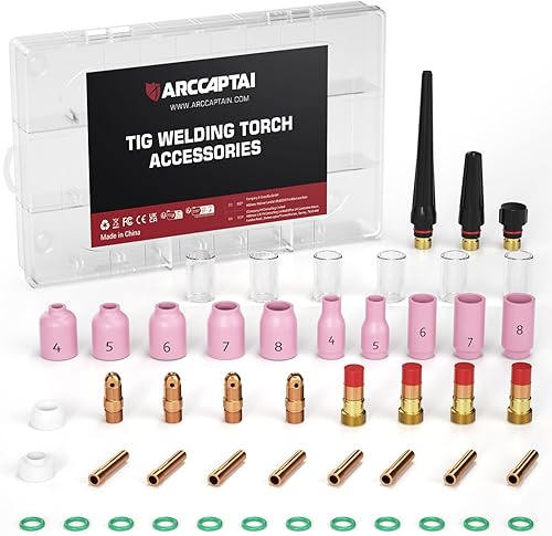 Miniatura 1 de ARCCAPTAIN TIG Kit de accesorios de soplete de soldadura 49 unids boquilla de alúmina Collets Cuerpo Stubby Gas Lens #10 Copa de vidrio consumibles