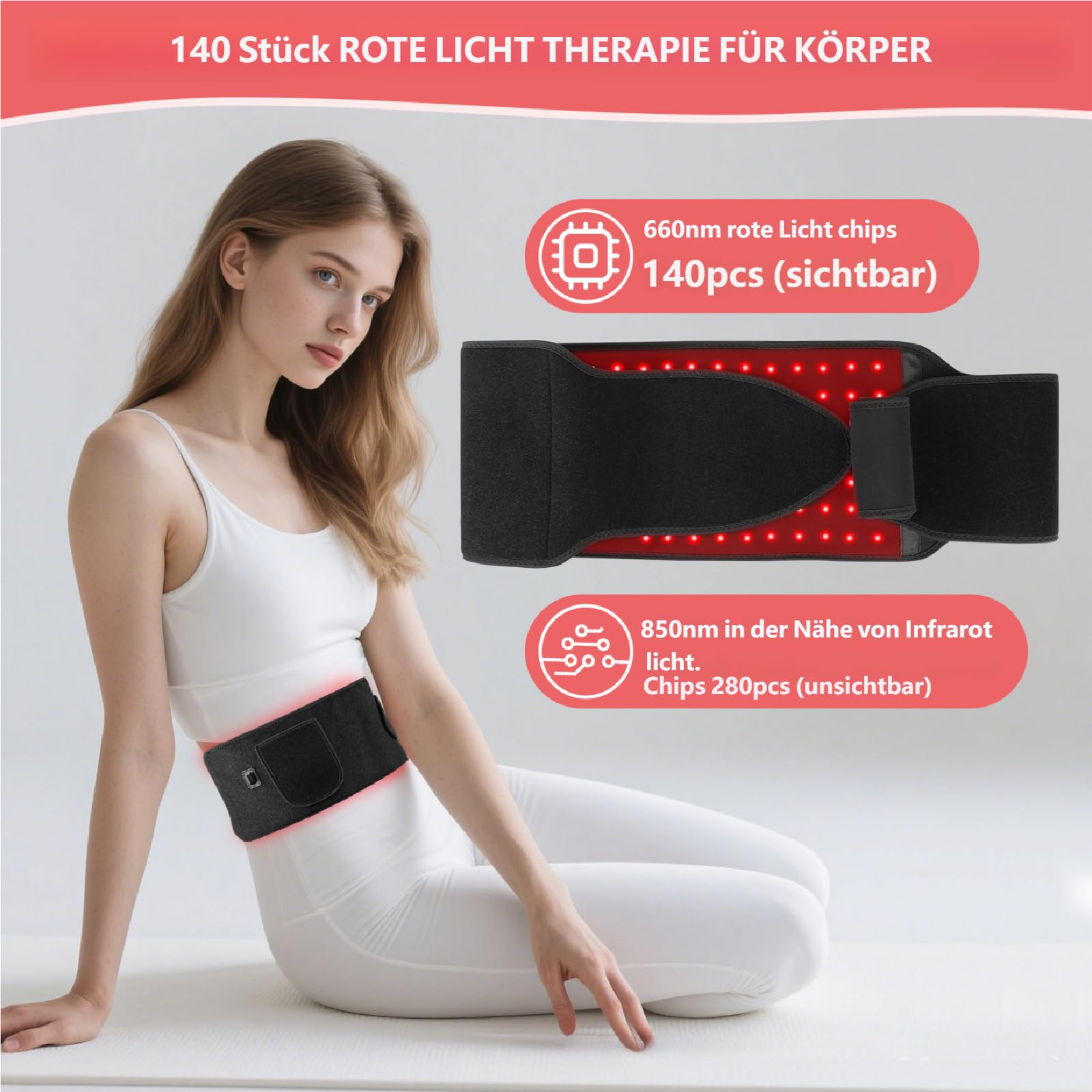 Ceinture à lumière rouge avec 140 LED, fonction minuterie, 5 niveaux de luminosité, 660 nm et 850 nm, convient pour la taille, le dos, les épaules, les coudes, les poignets, les cuisses et d'autres