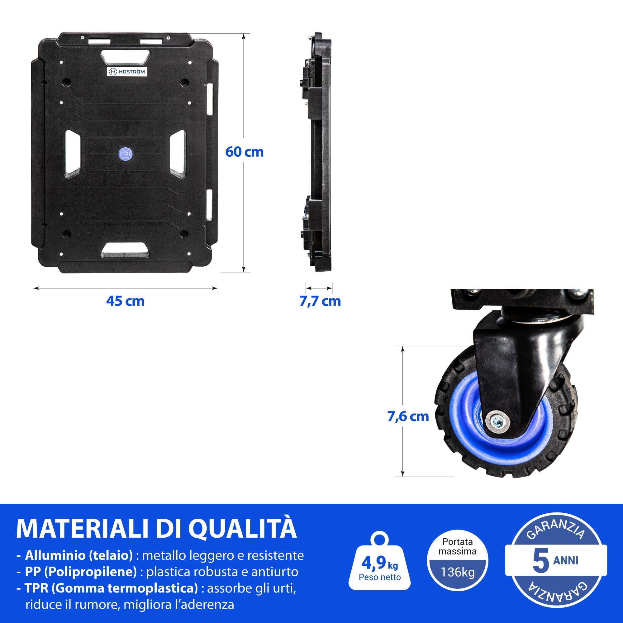 HOSTRÖM Vassoio pieghevole, carrello con ruote, demenagement, deposito mobile, 4 ruote girevoli a 360°, carico max. 136 kg, garanzia 5 anni