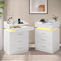 Vista 1 de White Nightstand Set of 2,LED Night Stand with Charging Station & Pull-Out Tray,Bedside Table with Drawers,Modern End Table Side Table Storage