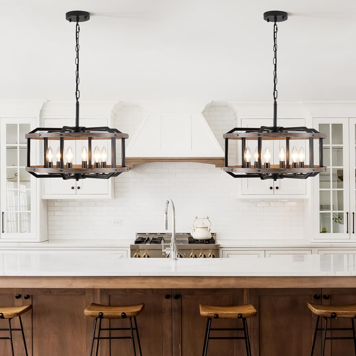 Farmhouse Chandelier for Dining Room, 6-Light Rustic Faux Wood Metal Light Fixtures, Caged Candle Style Pendant Hang Light for Dining Room, Kitchen Entryway