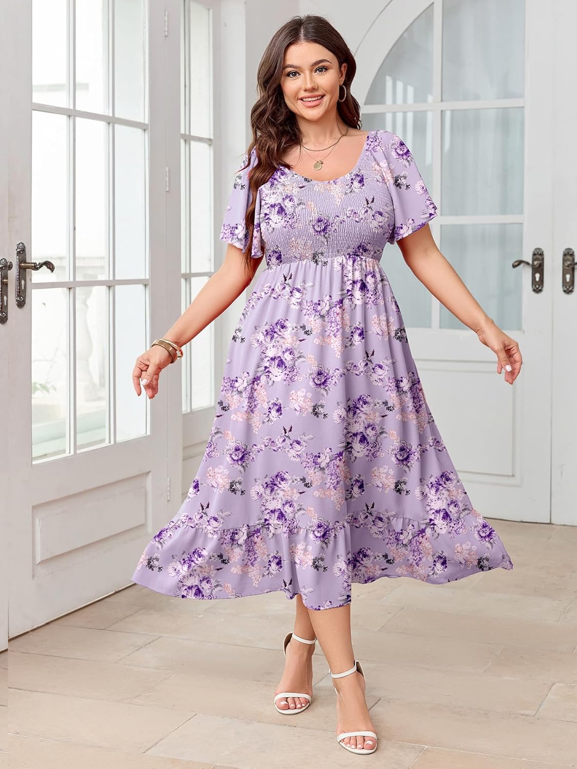 SCOMCHIC Women's Plus Size Summer Dress Casual Short Sleeve Scoop Neck Maxi Dress Smocked Ruffle Boho Flowy Long Dresses - Image 4