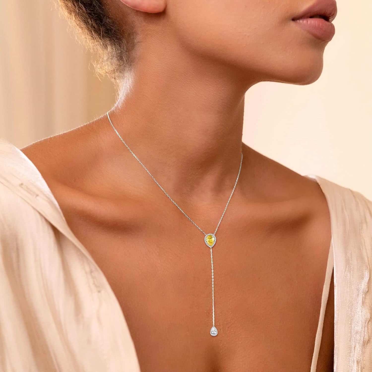 FOCALOOK 925 Sterling Silver Birthstone Long Pendant Necklace 16"-18" Y Drop Adjustable CZ Teardrop Lariat Necklaces for Women Mom Birthday Jewelry - Image 8