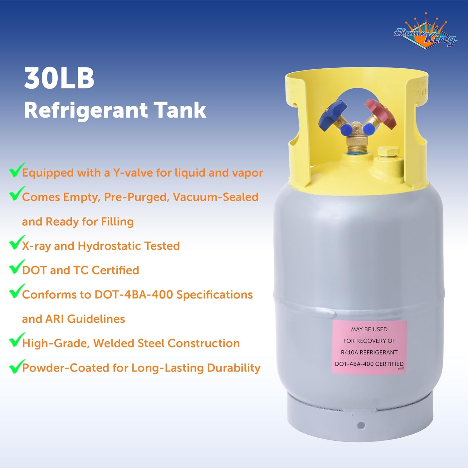 Flame King 30-LB Pound Refrigerant Recovery Cylinder Tank, Y-Valve for Liquid/Vapor, Reusable - DOT Compliant - Gray