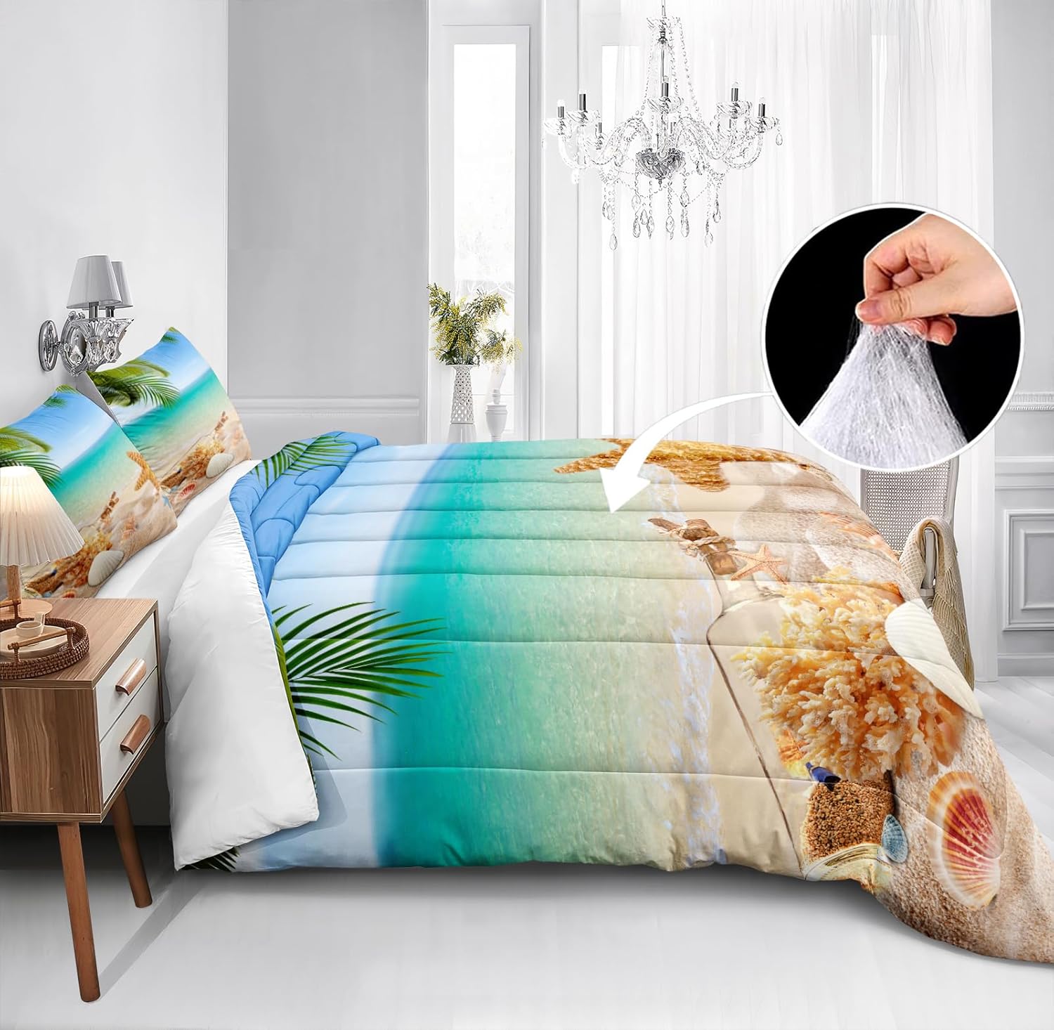 MOVE OVER Beach Themed Bedding Set Queen Blue Ocean Comforter Set Soft and Lightweight Hawaii Scenery Design Seashell Print Bedding Set 4 Pcs Tropical Beach Comforter Set for Bedroom