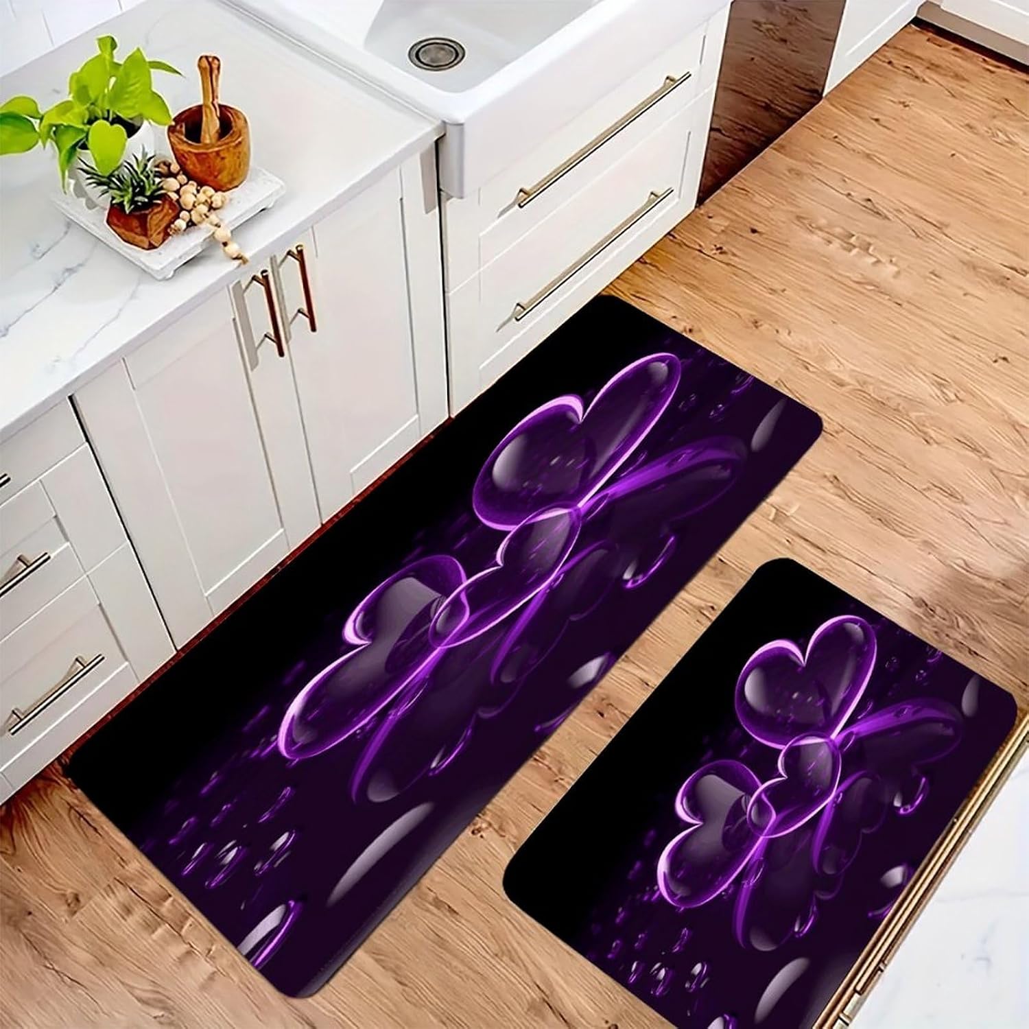 Purple Hearts Kitchen Mat Kitchen Rug Set | Kitchen Rugs Flannel Velvety Washable breathable Water Absorbent Soft ，kitchen utensils for Kitchen, Floor,Laundry
