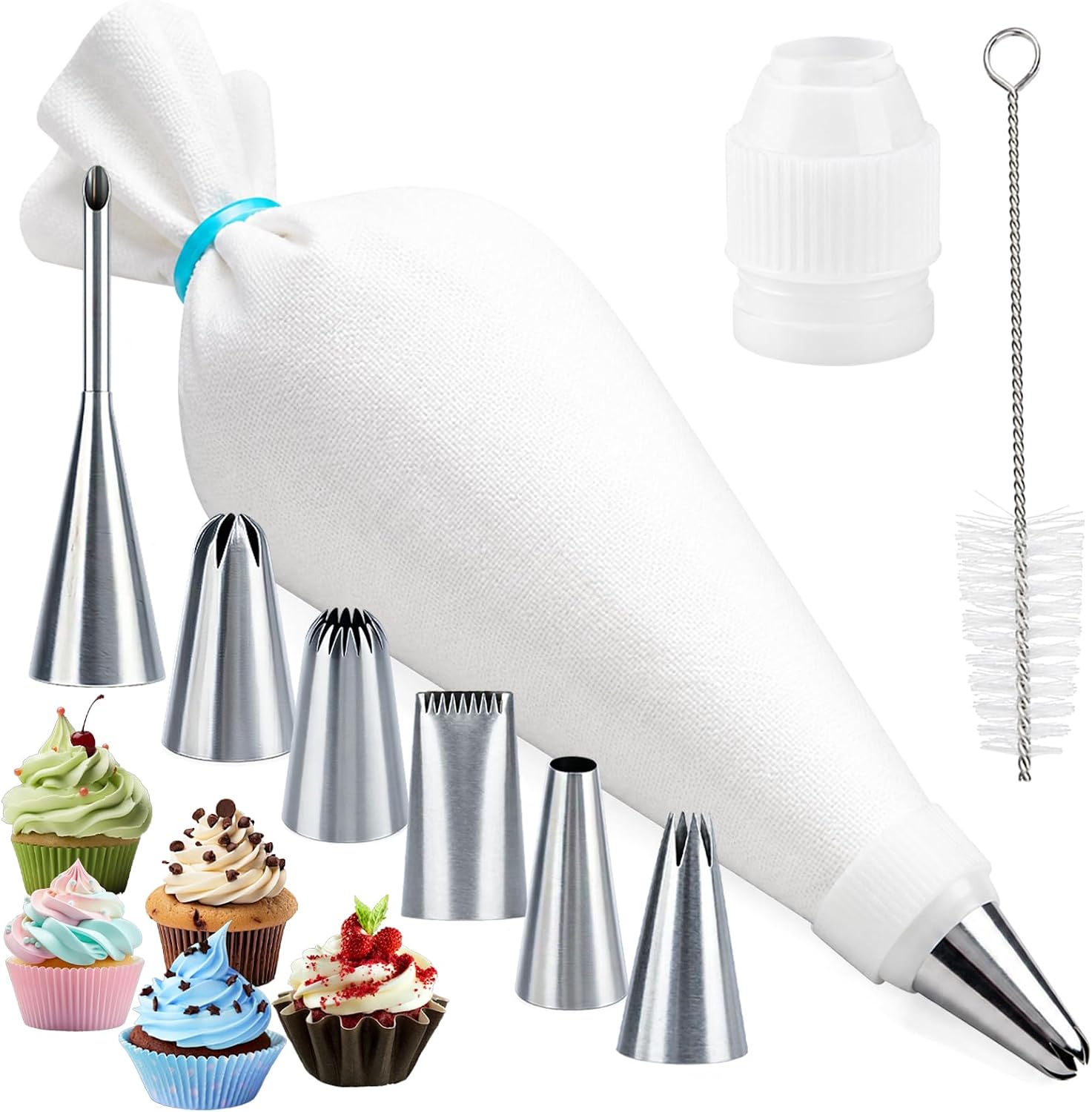 Reusable Piping Bags and Tips Set, 9 Piece Frosting Piping Kit with 304 Stainless Steel Tips, Thick Cotton Piping Bag, Coupler and Cleaning Brush for Cakes, Cupcakes and Cookies Decorating