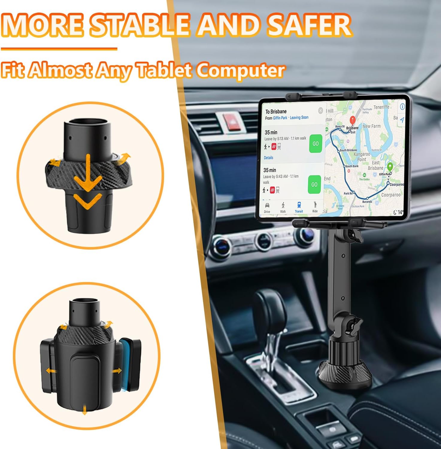 WUITIN Cup Holder Car Tablet Mount for Car, 360° Adjustable 15" Long 2-Arm Stand Holder for iPad,Samsung Galaxy Tab/Z Fold 4/3, iPhone 15/14/Pro, 4.7-12.9" Tab &Phone