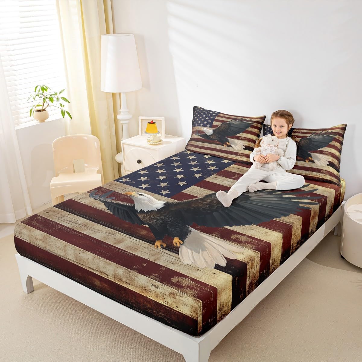 Erosebridal American Flag Fitted Sheet Full Size, Happy Independence Day Soft Bed Sheets for Bedroom, Vintage Eagle Bedding for Kids Boys Girls, July 4th Animal Bedding Sheets & Pillowcases
