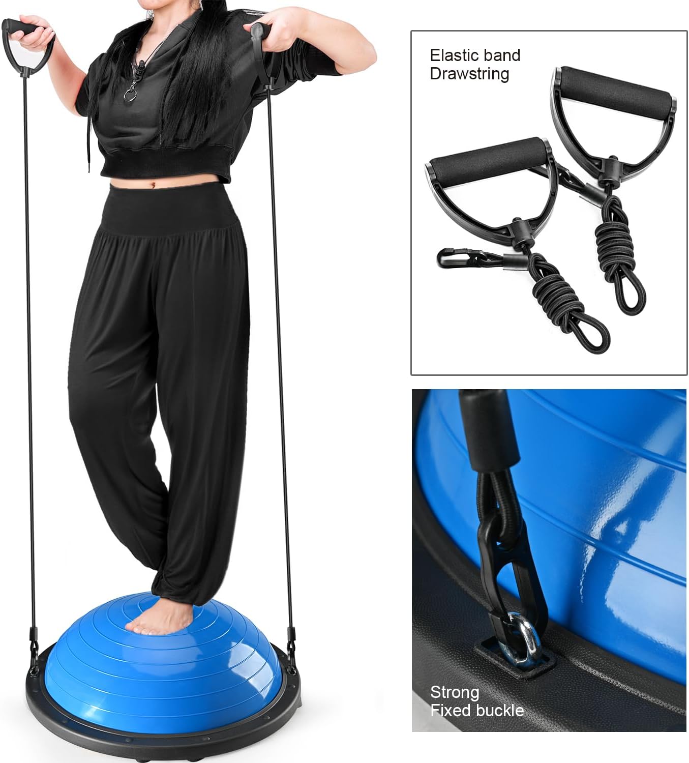 Half Balance Ball Trainer, Half Yoga Exercise Ball with Resistance Bands and Foot Pump, Balance Trainer for Stability Training, Strength Exercise Fitness, Home Gym Workout Equipment