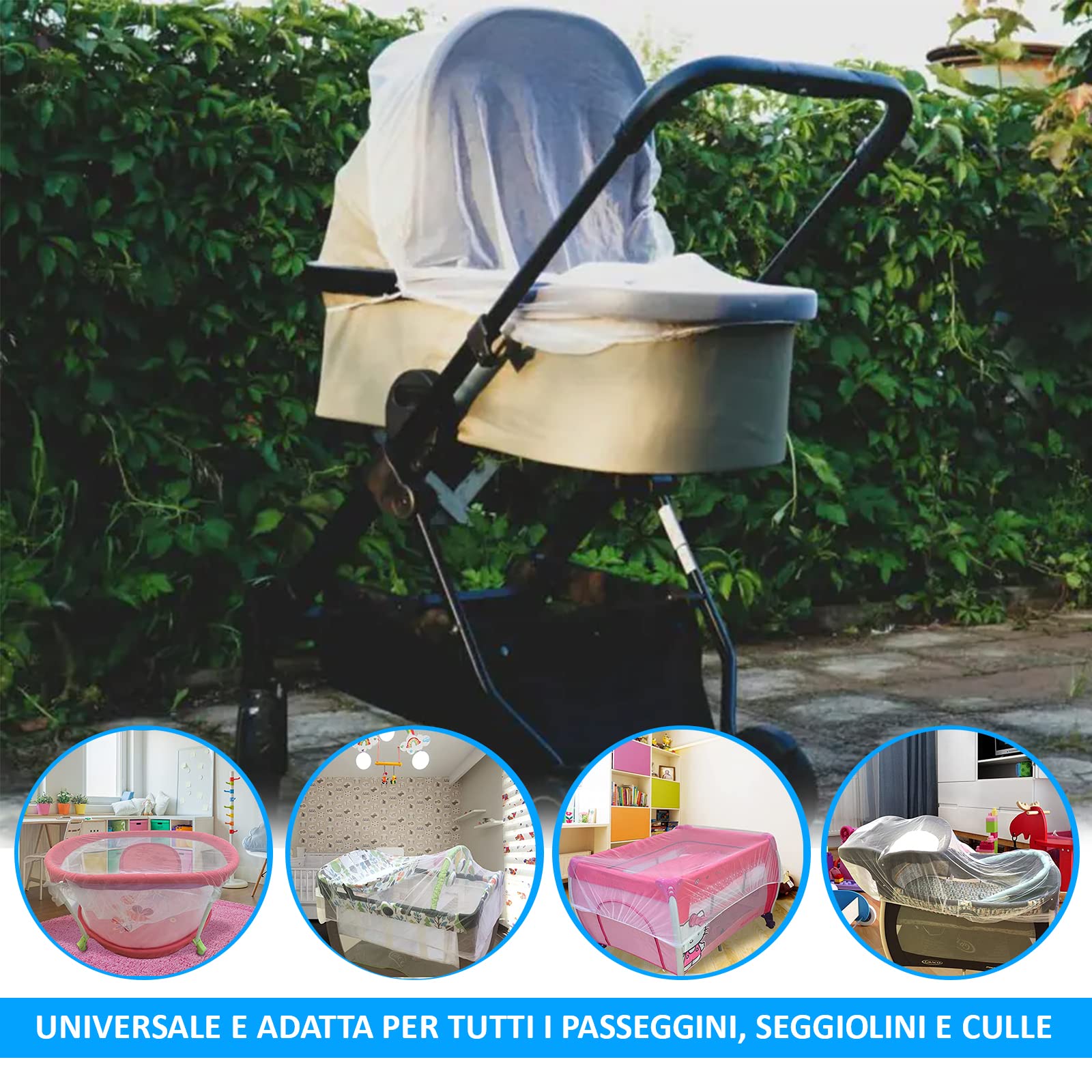 Zanzariera Universale per Passeggino, 4 in 1, Carrozzina e Culla Neonato. Protezione contro zanzare, vespe e altri tipi di Insetti. Lavabile e Traspirante
