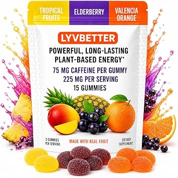Energy Gummies - Lyvbetter - in 3 Different Flavors - 75mg Caffeine per Gummy, 3 Gummies per Serving - 15 Gummies Total