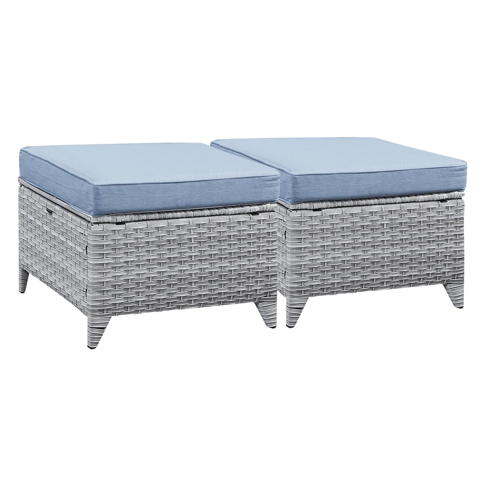 Outdoor Ottoman Wicker Patio Ottomans - 2 Piece Footrest Footstools Set Rattan Outdoor Ottomans for Patio with Thick Cushions(Light Beige/ Baby Blue)