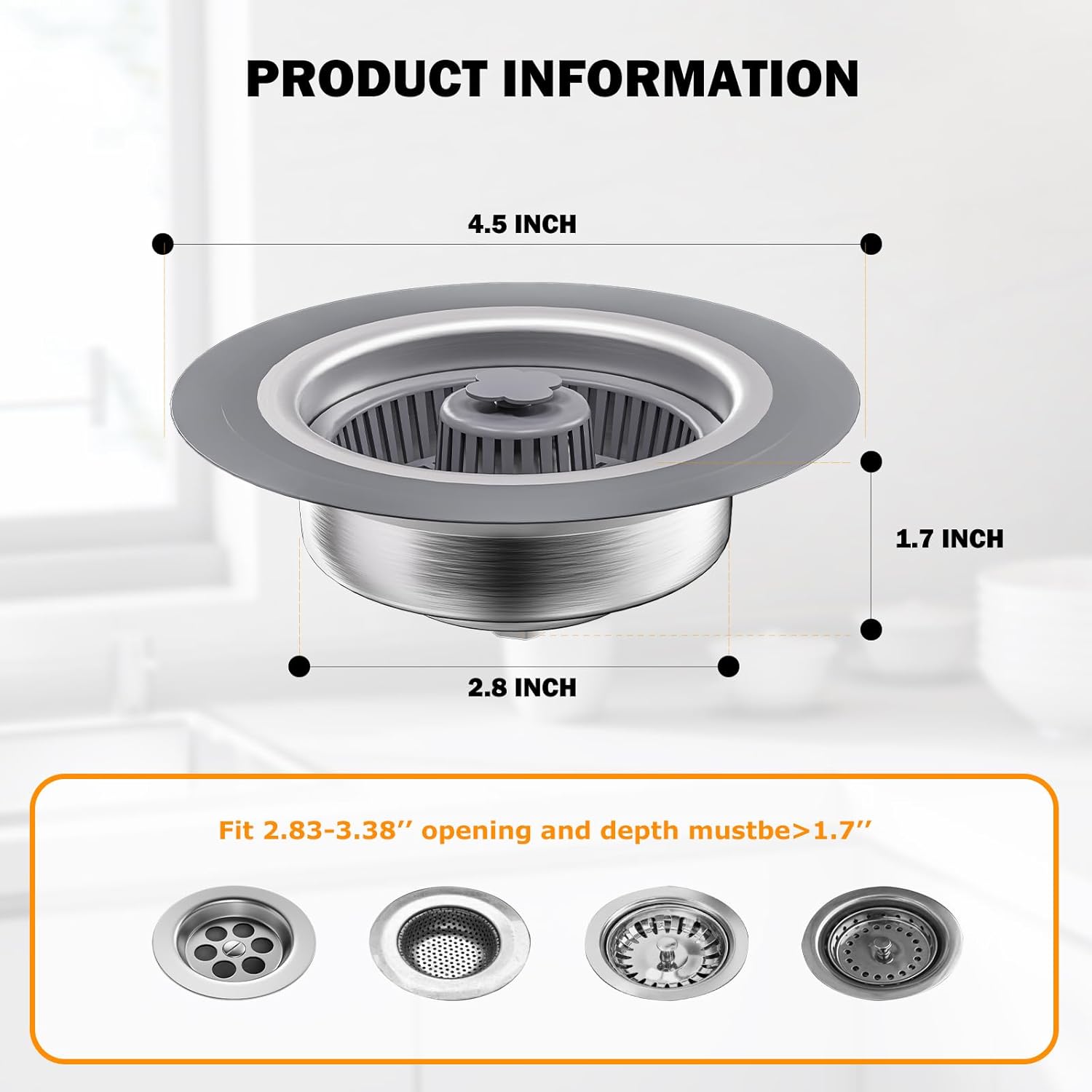 3 in 1 Kitchen Sink Drain Strainer and Stopper Combo, Stainless Steel Pop Up Kitchen Sink Stopper with Anti-Clog Basket for US Standard 3-1/3 Inch Drain,1 Pack