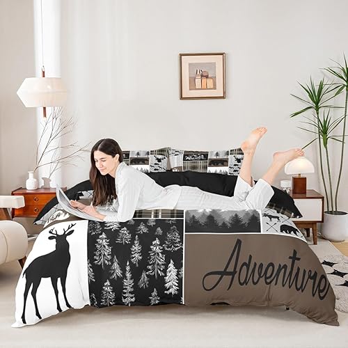 Miniatura 3 de Funda de edredón de oso de caza, ciervo, juego de ropa de cama de retazos de cabaña rústica, tamaño Queen, funda de edredón a cuadros de búfalo,
