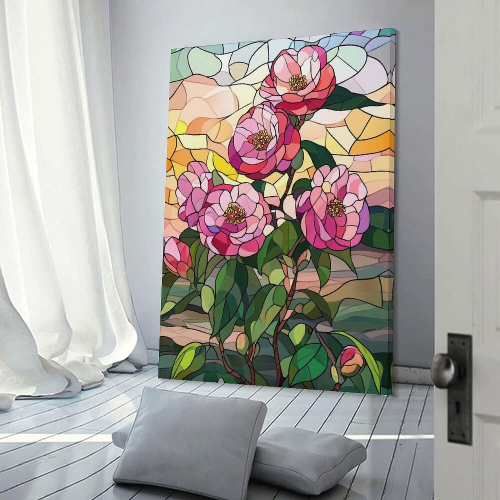 Junmoney Stained Glass Camellia Flowers Canvas Wall Picture 12x18inch(30x45cm), for Contemporary Homes, Apartments Or Offices, Wall Decor with Flexible Room Appeal