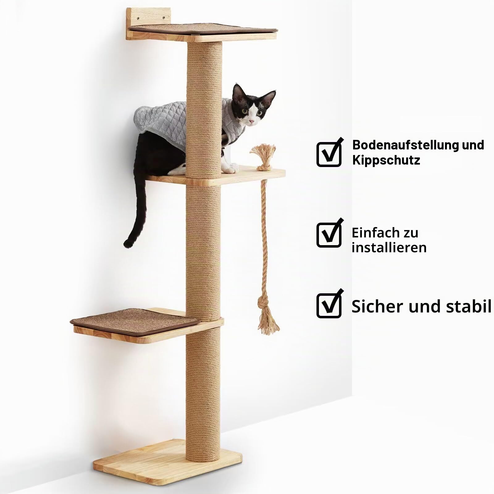 FUKUMARU Kratzbaum für Katzen, Wandmontage, 127,7 cm, Katzenbaum mit Katzenbett, Kratzpfosten und Kratzmatte aus Jute, Katzenkratzbaum aus natürlichem massivem Gummibaumholz, groß